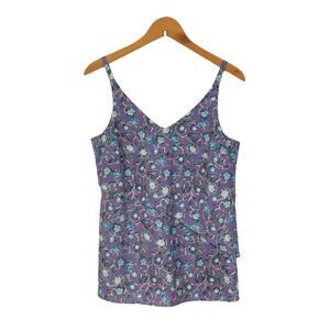 CABi Scrollwork Floral Cami Tank Size XS Purple White Blue Asymmetrical Ruffle
